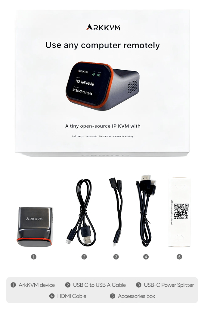 ArkKVM package contents including cables and accessories